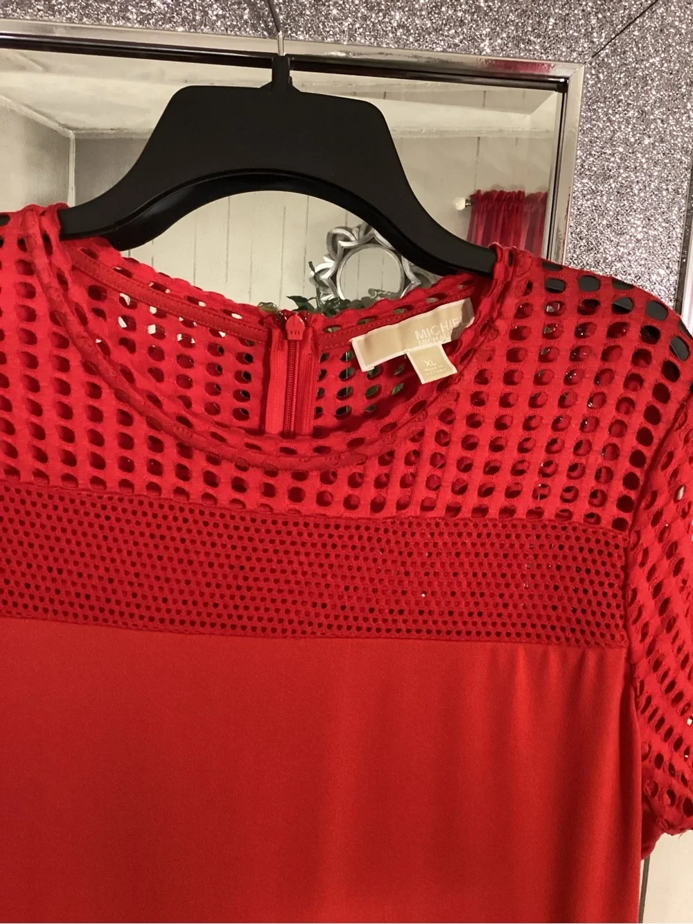 Michael Kors Red Mesh-Detail Midi Dress